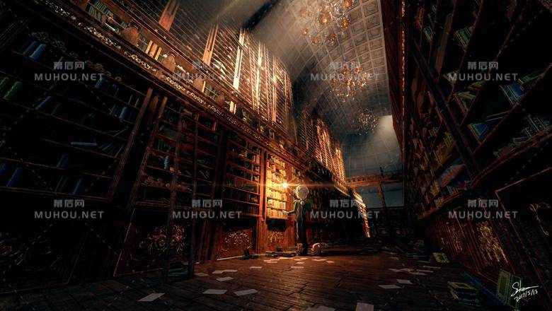 陈列了好多书的书架场景插画