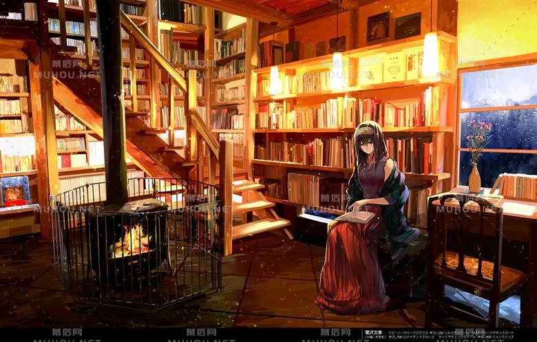 陈列了好多书的书架场景插画