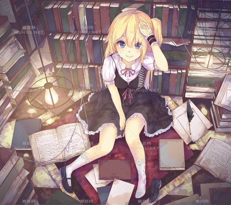 陈列了好多书的书架场景插画