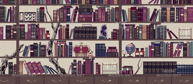 陈列了好多书的书架场景插画