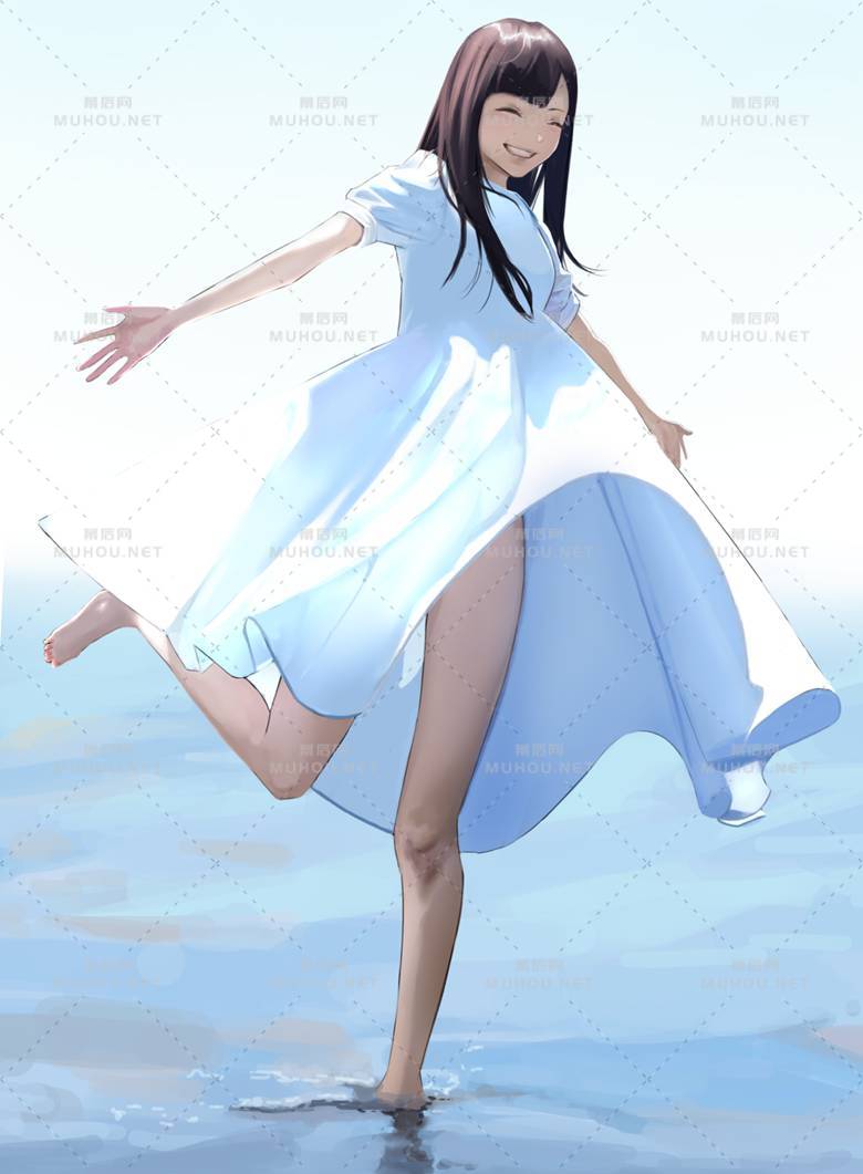 洁白的连衣裙女孩唯美插画