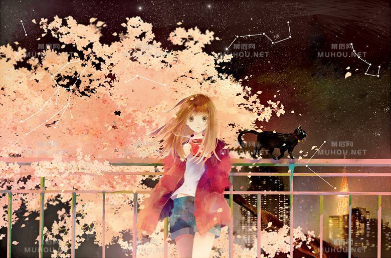 温柔的女孩与猫咪在一起的插画
