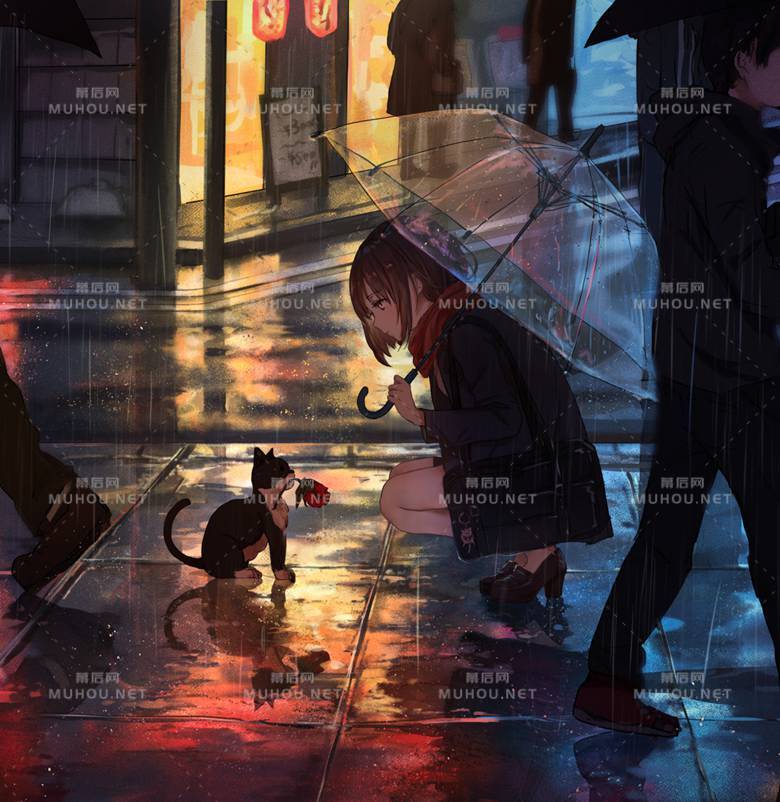 温柔的女孩与猫咪在一起的插画
