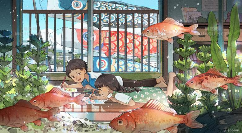 很可爱的GODFISH插画哇，是金鱼诶插图