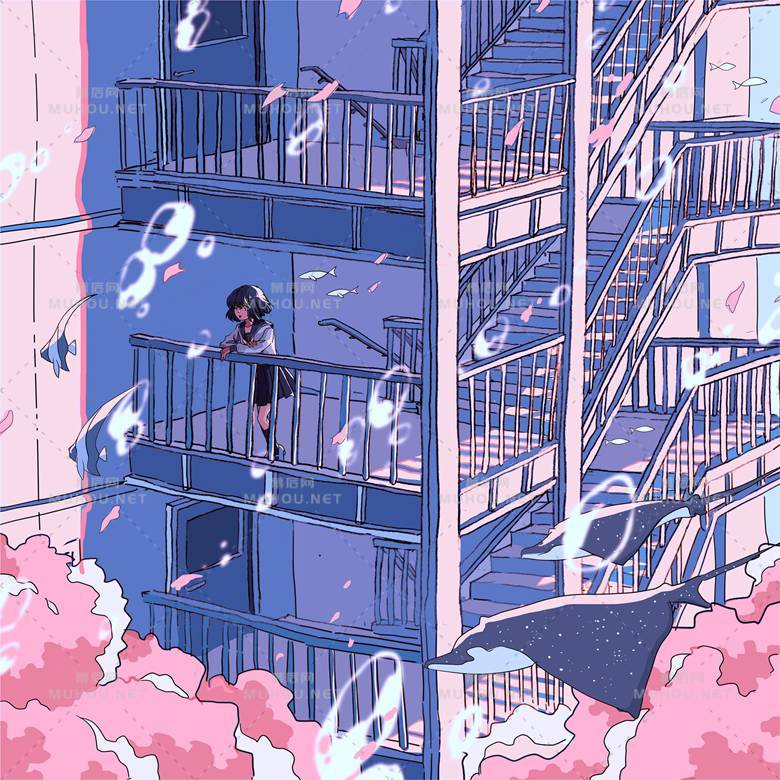 纯日式风格的校园风景插画