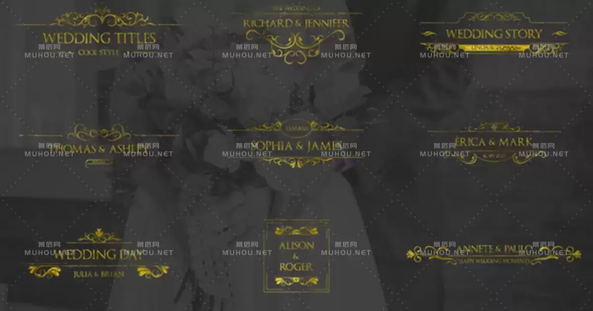 缩略图黄金婚礼头衔花纹边框文字视频AE模板