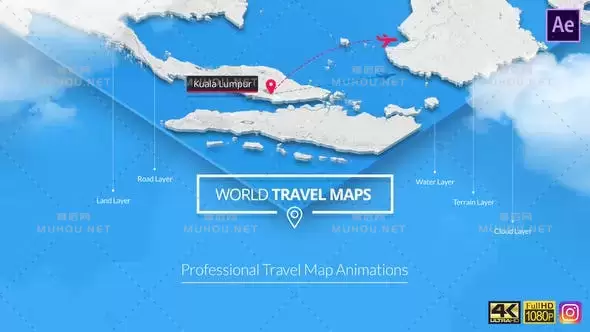 世界地图旅行导航交通运输出行定点坐标连线动画AE视频模板素材 World Travel Maps
