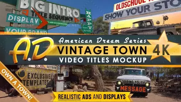 户外场景三维透视广告牌海报跟踪展示宣传动画AE视频模板素材 Vintage Town Titles Intro AD