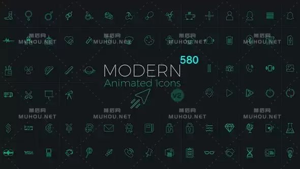 580个网络媒体生活购物食物器材工具箭头天气图标动画AE视频模板素材 Modern Animated Icons Library插图