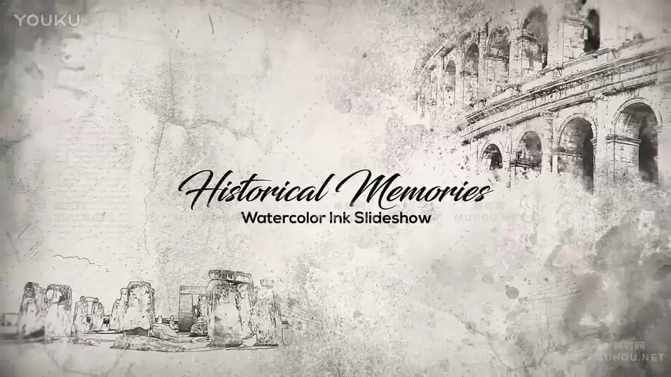 中国风水墨历史记录图片开场片头AE视频模板素材 Historical Memories Watercolor Ink Slideshow