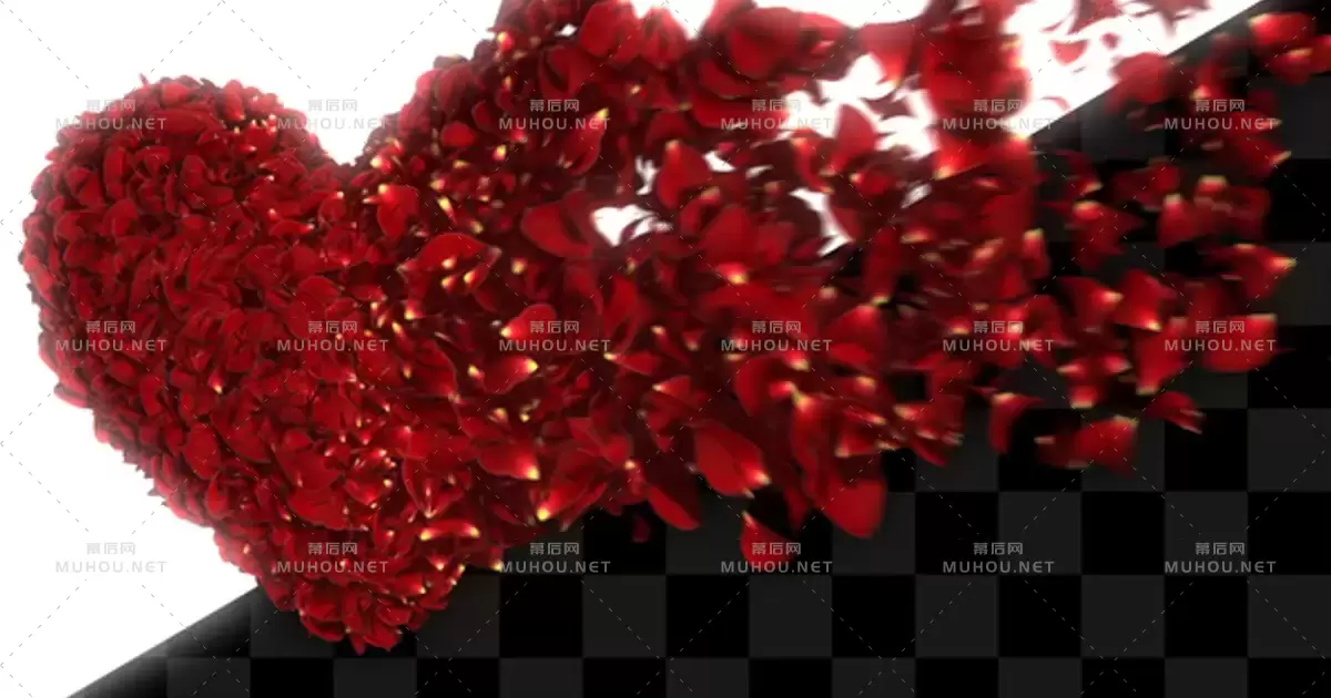 玫瑰花瓣和心形花朵飘散带Alpha视频素材下载