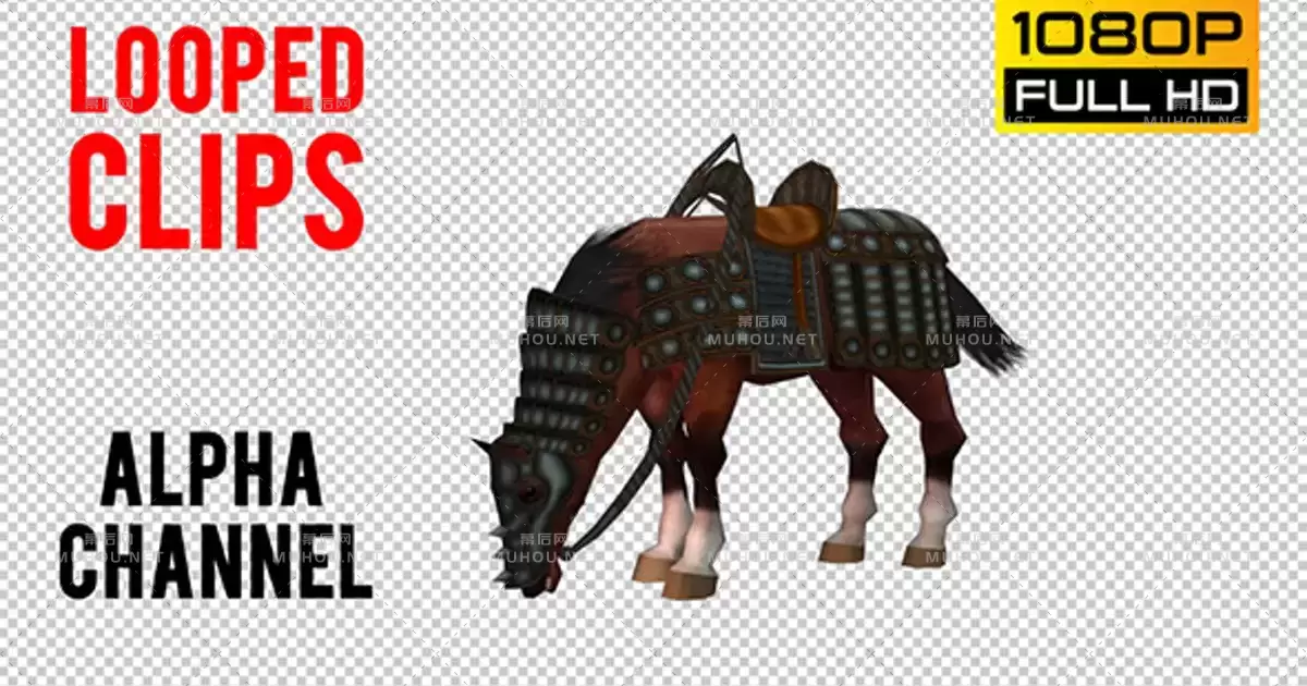 古代带盔甲战马吃草Horse Looped 3视频素材带Alpha通道