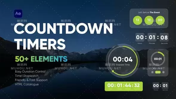 简洁时尚倒计时器UI图形动画AE视频模板素材 Countdown Timers