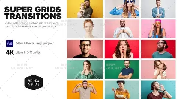 50+种照片墙过渡转场视频相册展示AE视频模板素材 Super Grid Transitions Video Wall 4K
