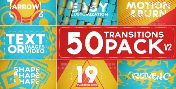 50个彩色图形过渡MG动画栏目包装AE视频模板素材 50 Transitions Pack with Opener插图