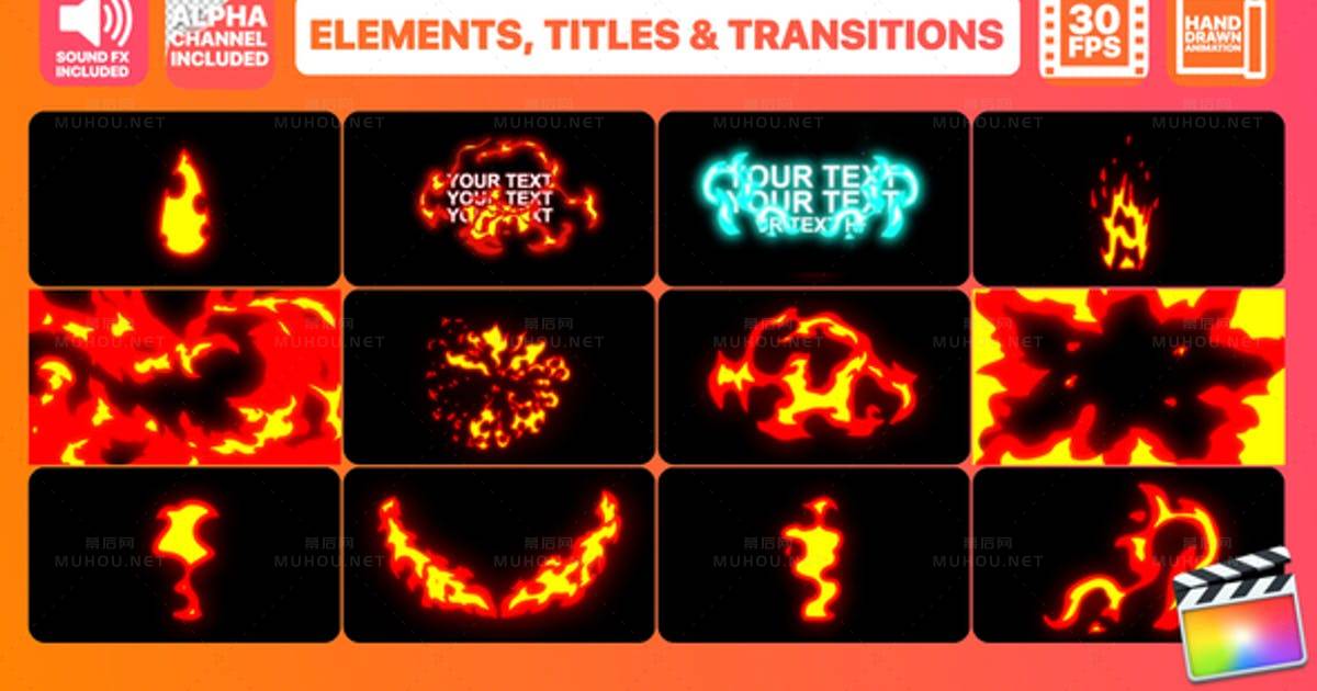 消防元素标题和过渡燃烧文字特效Fire Elements Titles And Transitions | FCPX视频素材