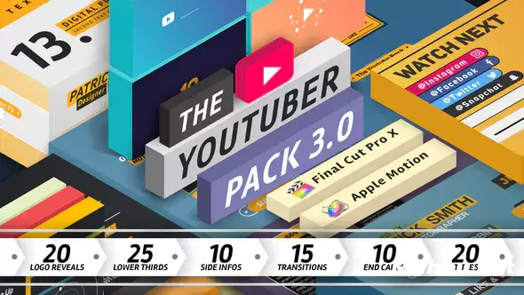 YouTuber立体动态风格设计The YouTuber Pack 3.0 - Final Cut Pro X视频FCPX模板插图