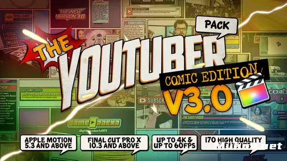 YouTuber漫画版3.0版-最终剪辑包装文字元素The YouTuber Pack - Comic Edition V3.0 - Final Cut Pro X & Apple Motion视频模板插图
