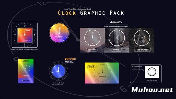7种可自定义颜色钟表倒计时器动画AE视频模板素材Real Time Clock Animation Pack
