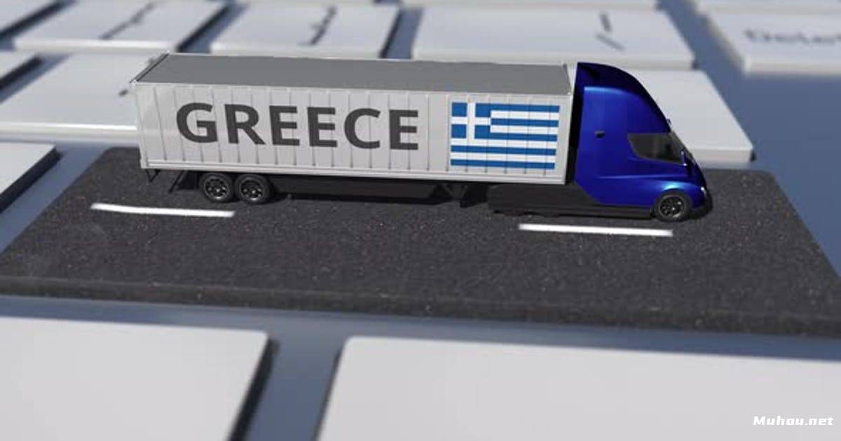 希腊在移动卡车和计算机键盘上的旗帜Flag of Greece on Moving Truck and Computer Keyboard视频素材
