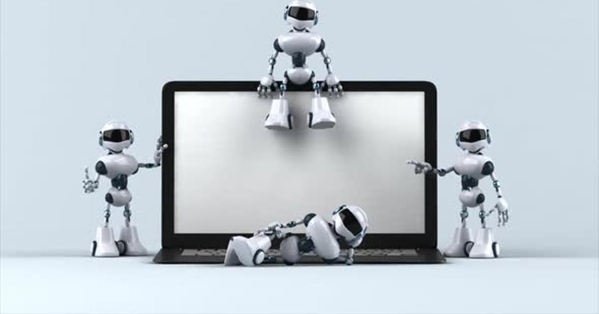 带笔记本电脑的有趣机器人Fun robots with a laptop视频素材