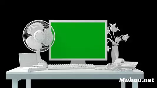 办公桌和一台绿屏电脑Office Desk and a Computer With Green Screen视频素材插图