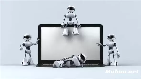 带笔记本电脑的有趣机器人Fun robots with a laptop视频素材插图