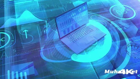 数字空间4k中的笔记本电脑和大数据阵列A Laptop And An Array Of Big Data In Digital Space 4K视频素材插图