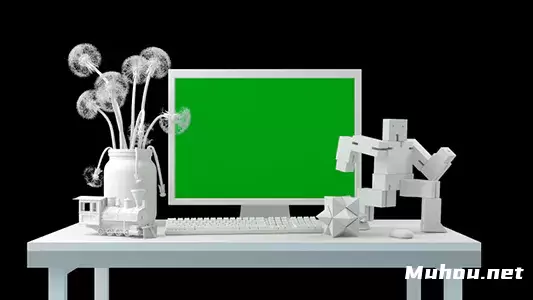 带对象和计算机显示器的绿屏抠像桌面Desktop With Objects and Computer Monitor视频素材插图