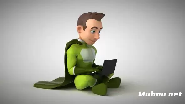 有趣的3D卡通超级英雄在笔记本电脑上打字Fun 3D cartoon superhero typing on a laptop视频素材插图