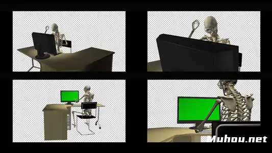 电脑骨架使用计算器绿色屏幕-4件装Skeleton At Computer - Pack Of 4视频素材插图