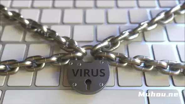电脑键盘上有病毒文字的挂锁高清视频素材插图