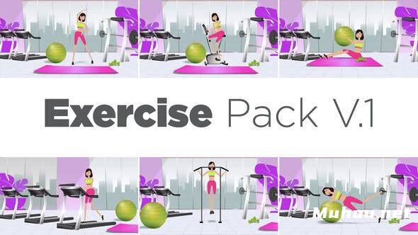 二维卡通女性人物角色健身房体育运动练习MG动画预设工具包AE视频模板素材 Exercise Pack V.1