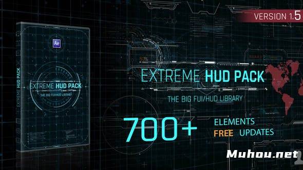700个未来数字高科技HUD动态图形元素UI界面设计动画AE视频模板素材 Extreme HUD Pack v1.5
