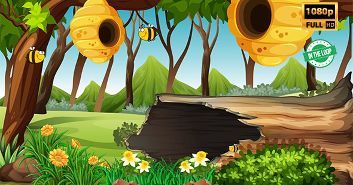 蜜蜂卡通背景森林场景高清视频素材