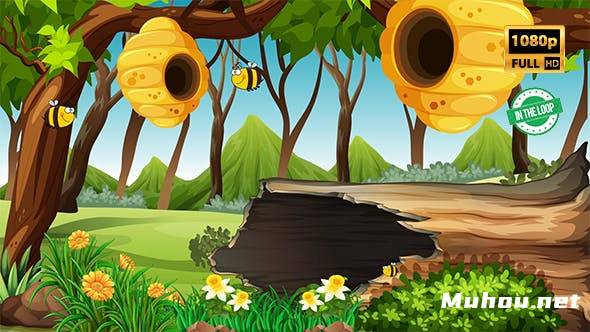 蜜蜂卡通背景森林场景高清视频素材插图