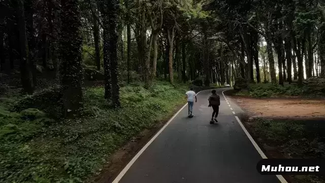 朋友在森林中的道路上滑板视频素材