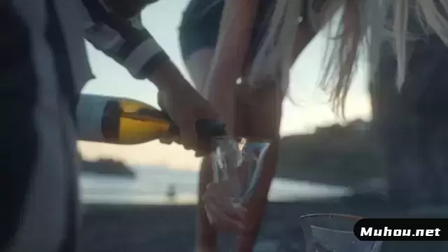 一个男人在海滩上将香槟倒入女人的酒杯中视频素材