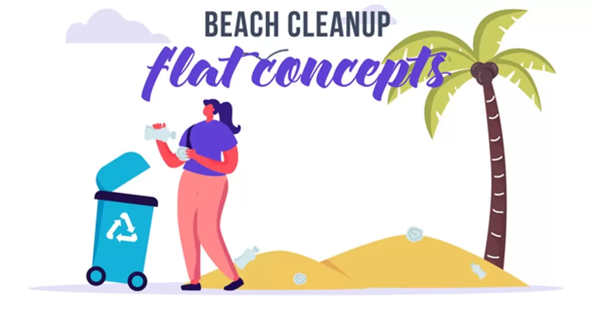 海滩mg动画卡通概念设计AE模版Beach cleanup – Flat Concept