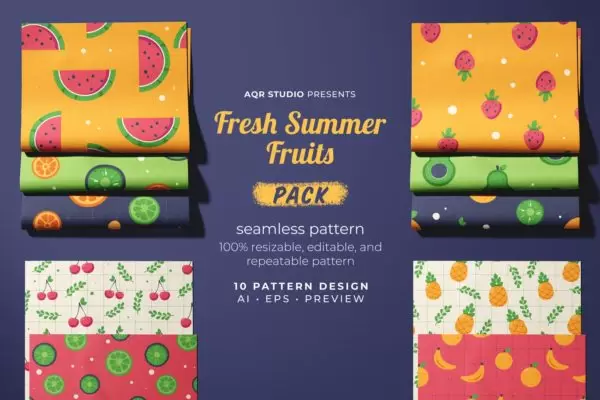缩略图时尚新鲜的可爱夏季水果矢量无缝背景底纹纹理集合-AI，EPS，PNG下载