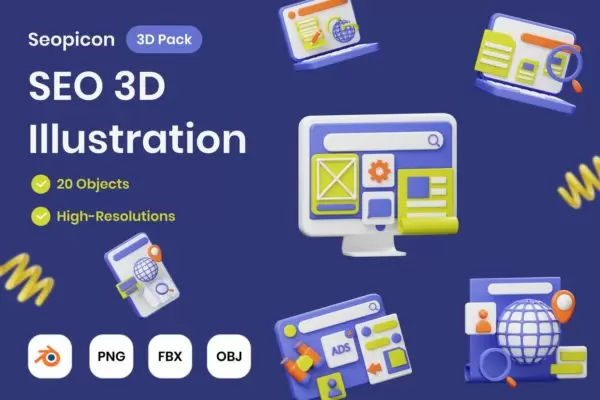 Seo 网站优化3D插图图标 (PNG,blend,obj,fbx)下载