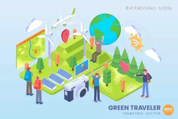 缩略图2.5D绿色旅行者矢量概念（Ai）下载