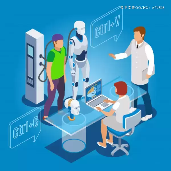 缩略图2.5D机器人身份复制科幻插画 Human identity being copied to droid with computer and health professionals Vector下载