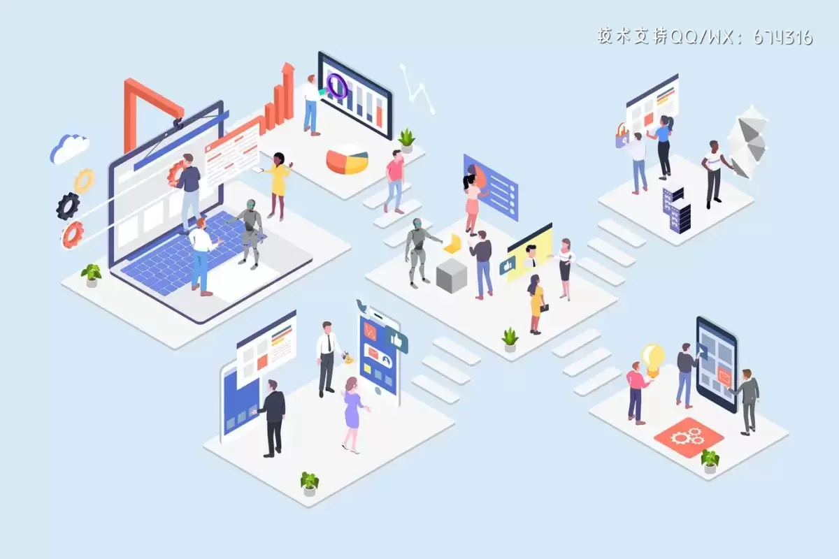 高品质的时尚高端2.5D等轴等距比特币Blockchain区块链平台插图插画banner海报设计模板下载