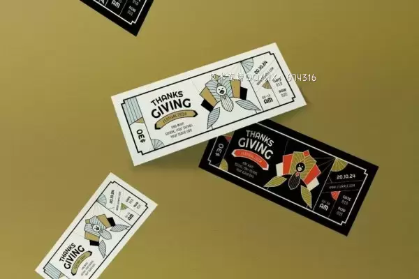 🔴高端时尚装饰艺术风格感恩节门票入场券设计模板-AI,PSD下载