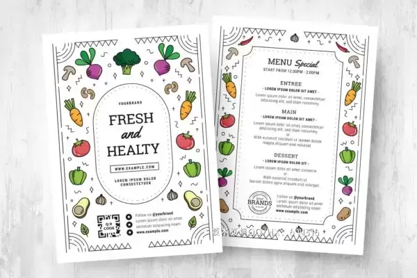 时尚高端简约清新可爱风格素食菜单菜谱海报设计模板-AI，PSD下载