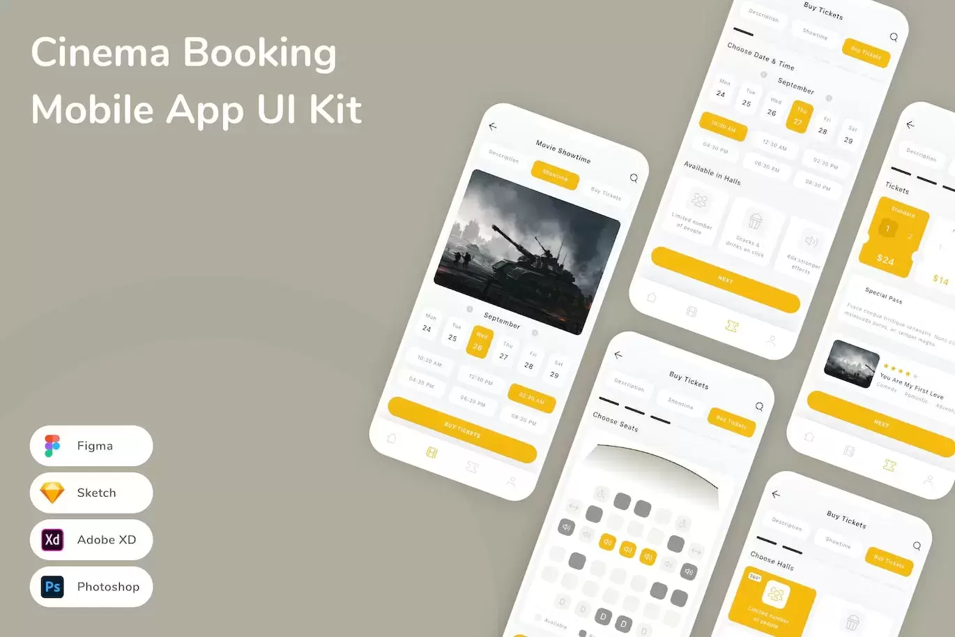 影院预订移动应用 APP UI KIT (FIG,PSD,SKETCH,XD)下载