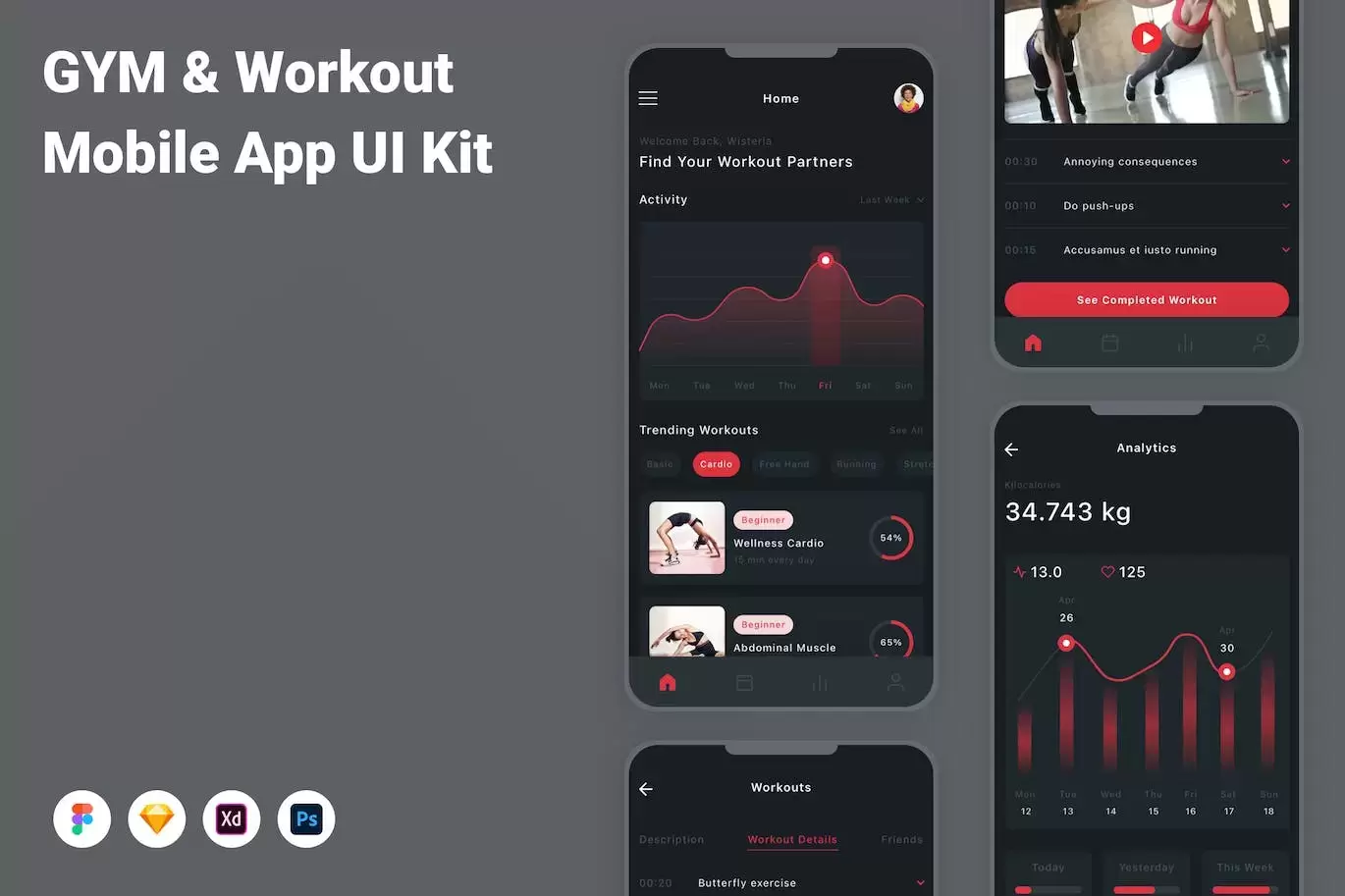 健身房和健身移动应用 App UI Kit (FIG,SKETCH,XD,PSD)下载
