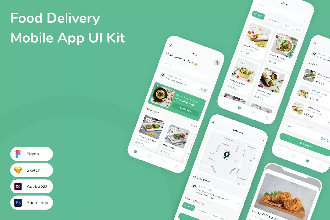 缩略图送餐移动应用 App UI Kit (FIG,PSD,SKETCH,XD)下载