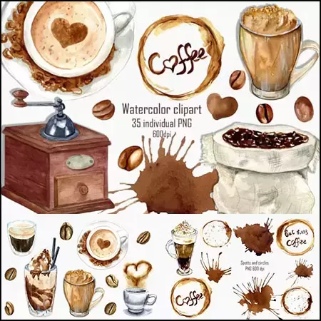 缩略图咖啡豆热咖啡冰咖啡水彩剪贴画PNG免抠图